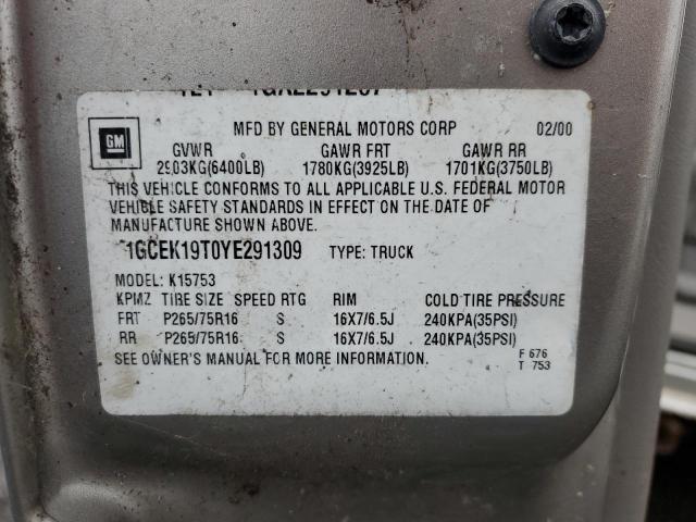 Photo 10 from auction – 2000 CHEVROLET SILVERADO with VIN 1GCEK19T0YE291309