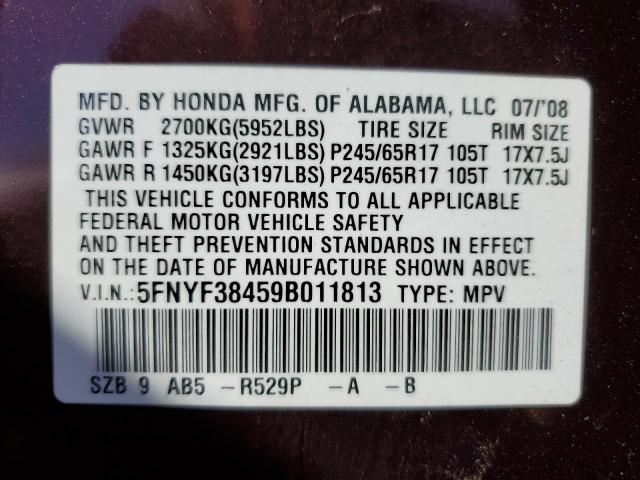 Photo 10 from auction – 2009 HONDA PILOT EX with VIN 5FNYF38459B011813