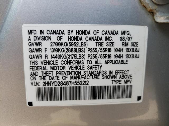 Photo 10 from auction – 2007 ACURA MDX with VIN 2HNYD28487H552212