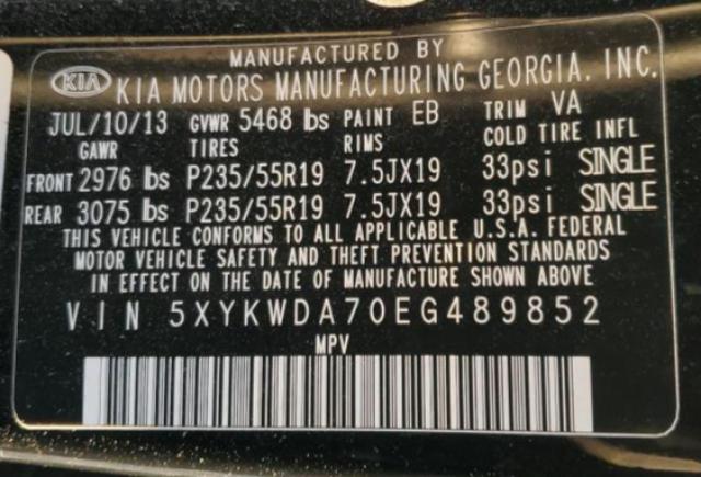 Photo 10 from auction – 2014 KIA SORENTO SX with VIN 5XYKWDA70EG489852