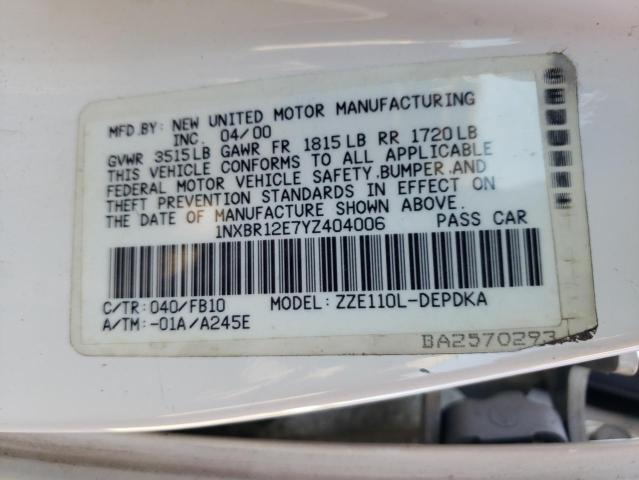 Photo 10 from auction – 2000 TOYOTA COROLLA VE with VIN 1NXBR12E7YZ404006