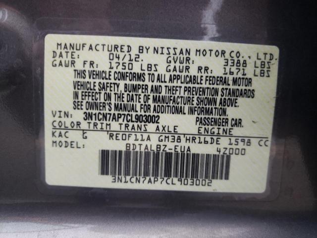 Photo 10 from auction – 2012 NISSAN VERSA S with VIN 3N1CN7AP7CL903002