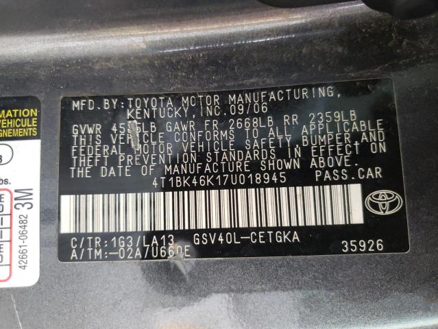 Photo 10 from auction – 2007 TOYOTA CAMRY LE with VIN 4T1BK46K17U018945