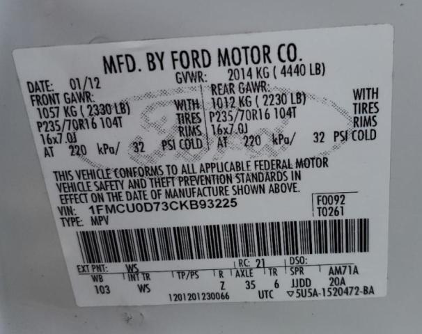 Photo 10 from auction – 2012 FORD ESCAPE XLT with VIN 1FMCU0D73CKB93225