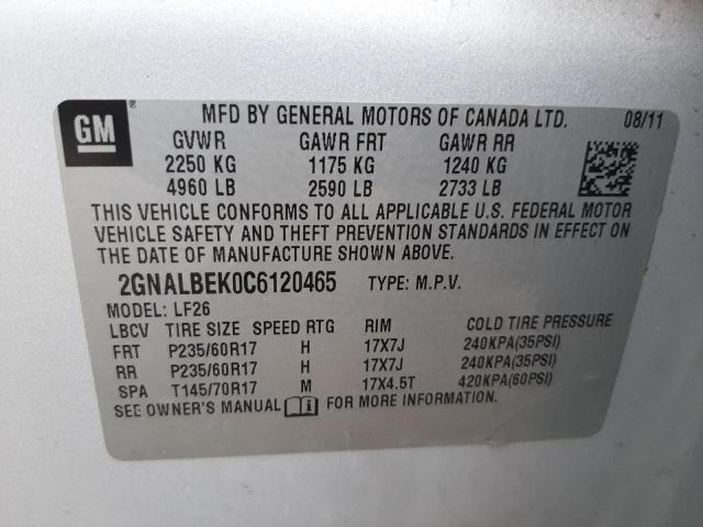 Photo 10 from auction – 2012 CHEVROLET EQUINOX LS with VIN 2GNALBEK0C6120465