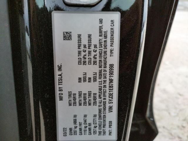 Photo 10 from auction – 2022 TESLA MODEL 3 with VIN 5YJ3E1EB7NF190998