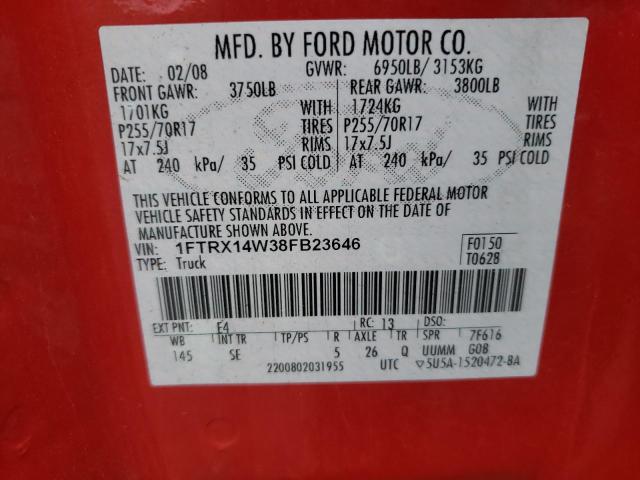 Photo 10 from auction – 2008 FORD F150 with VIN 1FTRX14W38FB23646