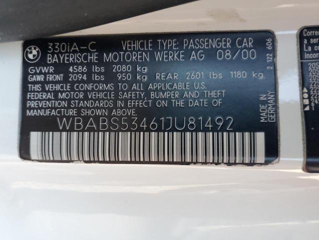 Photo 10 from auction – 2001 BMW 330 CI with VIN WBABS53461JU81492