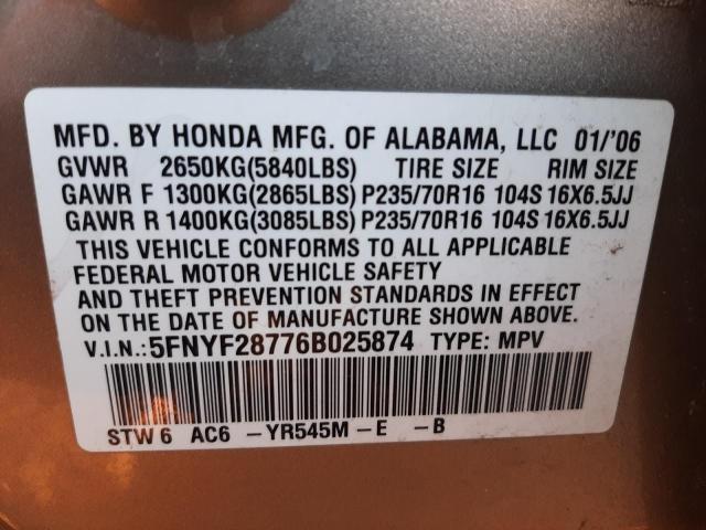 Photo 10 from auction – 2006 HONDA PILOT EX with VIN 5FNYF28776B025874