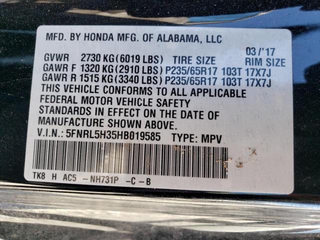Photo 10 from auction – 2017 HONDA ODYSSEY SE with VIN 5FNRL5H35HB019585