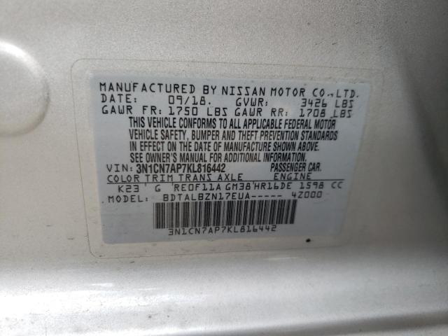 Photo 10 from auction – 2019 NISSAN VERSA S with VIN 3N1CN7AP7KL816442