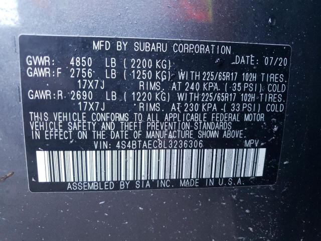 Photo 10 from auction – 2020 SUBARU OUTBACK PR with VIN 4S4BTAEC8L3236306