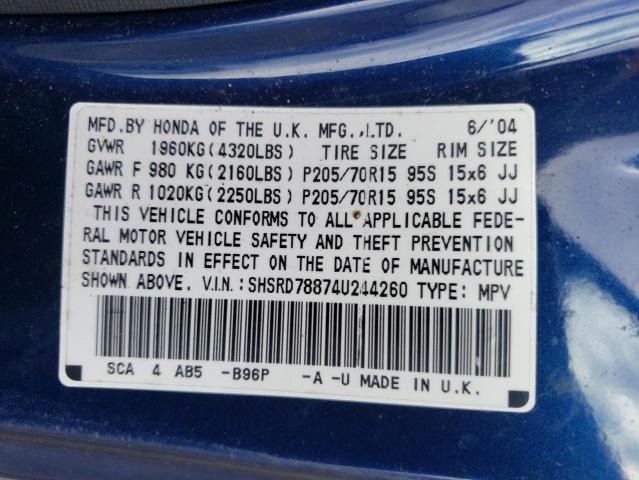 Photo 10 from auction – 2004 HONDA CR-V EX with VIN SHSRD78874U244260