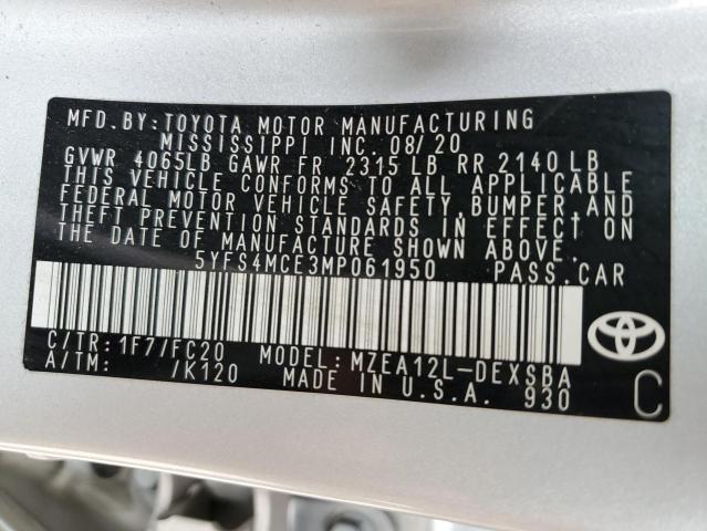 Photo 10 from auction – 2021 TOYOTA COROLLA SE with VIN 5YFS4MCE3MP061950