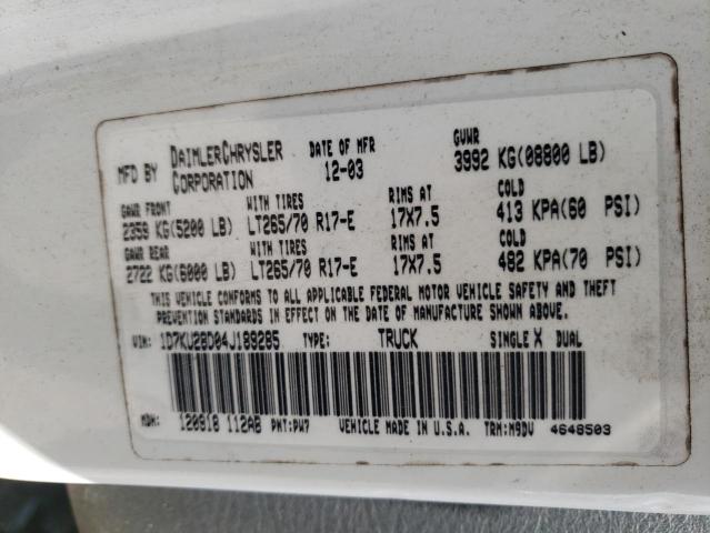 Photo 10 from auction – 2004 DODGE RAM 2500 S with VIN 1D7KU28D04J189285
