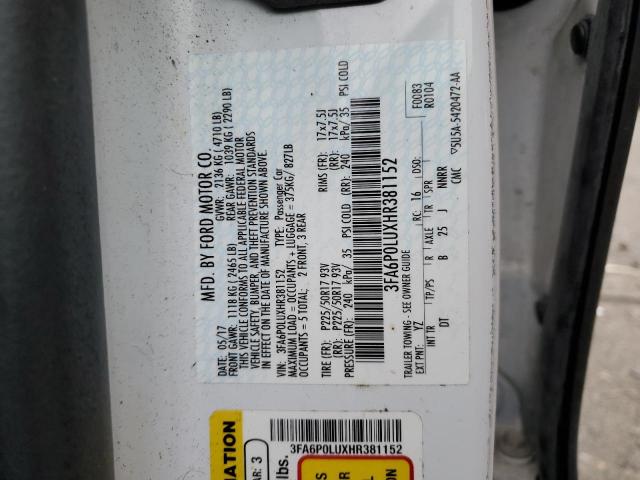 Photo 10 from auction – 2017 FORD FUSION SE with VIN 3FA6P0LUXHR381152