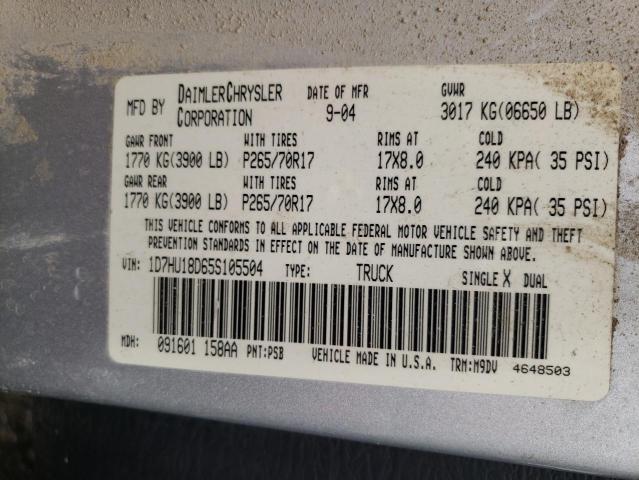 Photo 10 from auction – 2005 DODGE RAM 1500 S with VIN 1D7HU18D65S105504