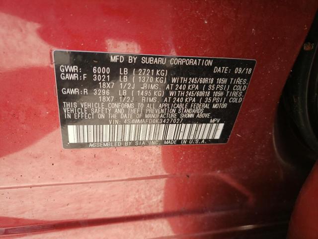 Photo 10 from auction – 2019 SUBARU ASCENT PRE with VIN 4S4WMAFD0K3427027