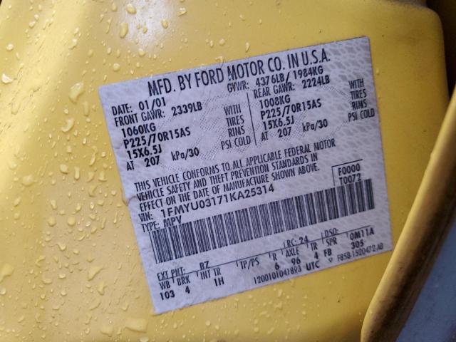 Photo 10 from auction – 2001 FORD ESCAPE XLT with VIN 1FMYU03171KA25314