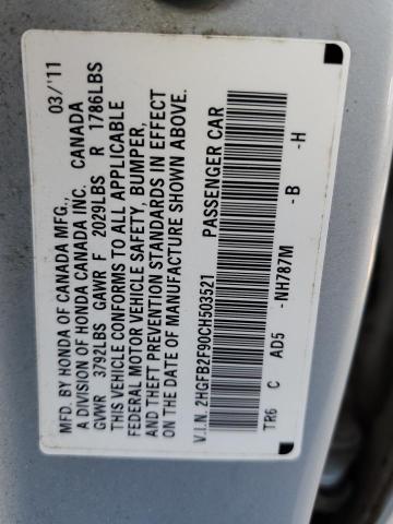 Photo 10 from auction – 2012 HONDA CIVIC EXL with VIN 2HGFB2F90CH503521