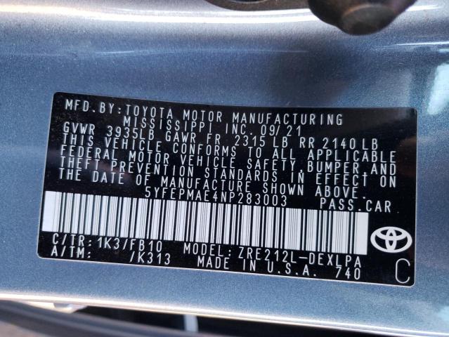 Photo 10 from auction – 2022 TOYOTA COROLLA LE with VIN 5YFEPMAE4NP283003