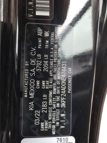 Photo 10 from auction – 2022 KIA FORTE FE with VIN 3KPF24AD0NE474431