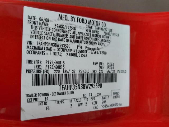 Photo 10 from auction – 2008 FORD FOCUS SE with VIN 1FAHP35N38W293590