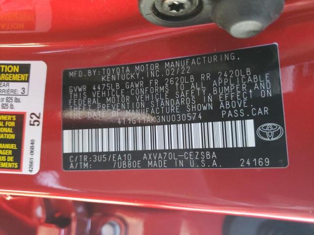 Photo 10 from auction – 2022 TOYOTA CAMRY SE with VIN 4T1G11AK3NU030574