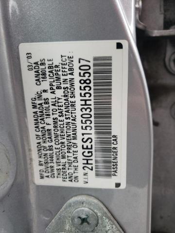 Photo 10 from auction – 2003 HONDA CIVIC LX with VIN 2HGES15503H558507