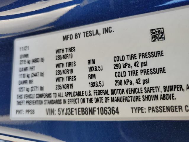 Photo 10 from auction – 2022 TESLA MODEL 3 with VIN 5YJ3E1EB8NF106364
