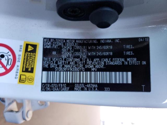 Photo 10 from auction – 2019 TOYOTA HIGHLANDER with VIN 5TDBZRFH1KS990110