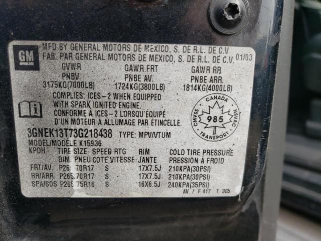 Photo 10 from auction – 2003 CHEVROLET AVALANCHE with VIN 3GNEK13T73G218438