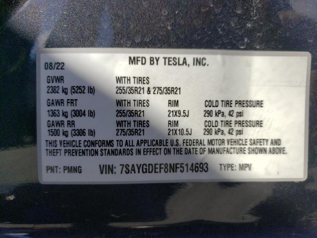 Photo 10 from auction – 2022 TESLA MODEL Y with VIN 7SAYGDEF8NF514693