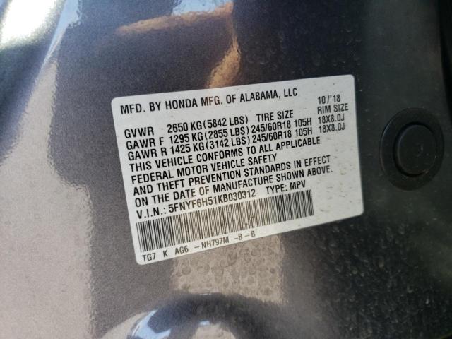 Photo 10 from auction – 2019 HONDA PILOT EXL with VIN 5FNYF6H51KB030312