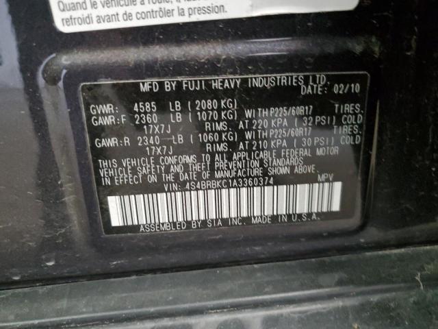 Photo 10 from auction – 2010 SUBARU OUTBACK 2. with VIN 4S4BRBKC1A3360374