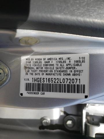 Photo 10 from auction – 2002 HONDA CIVIC LX with VIN 1HGES16522L072071