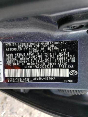 Photo 10 from auction – 2012 TOYOTA CAMRY BASE with VIN 4T4BF1FK0CR265294