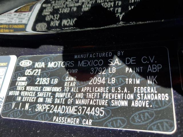 Photo 10 from auction – 2021 KIA FORTE FE with VIN 3KPF24ADXME374495
