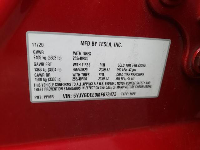 Photo 10 from auction – 2021 TESLA MODEL Y with VIN 5YJYGDEE0MF078473