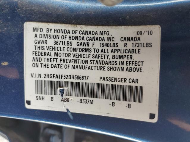 Photo 10 from auction – 2011 HONDA CIVIC LX with VIN 2HGFA1F52BH506817