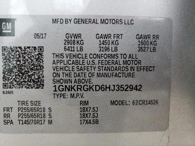 Photo 10 from auction – 2017 CHEVROLET TRAVERSE L with VIN 1GNKRGKD6HJ352942