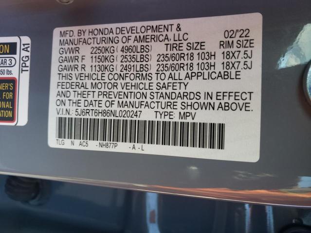 Photo 10 from auction – 2022 HONDA CR-V EXL with VIN 5J6RT6H86NL020247