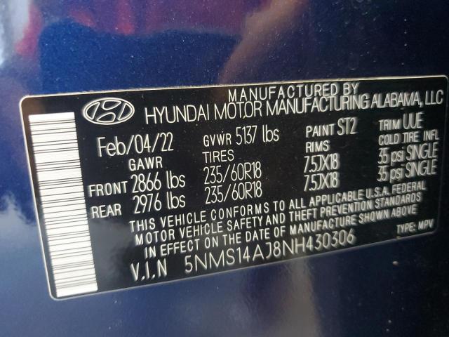 Photo 10 from auction – 2022 HYUNDAI SANTA FE S with VIN 5NMS14AJ8NH430306