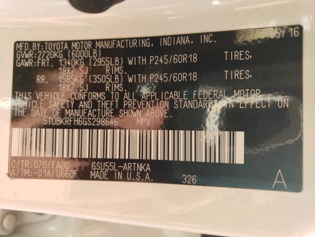 Photo 10 from auction – 2016 TOYOTA HIGHLANDER with VIN 5TDBKRFH6GS298646