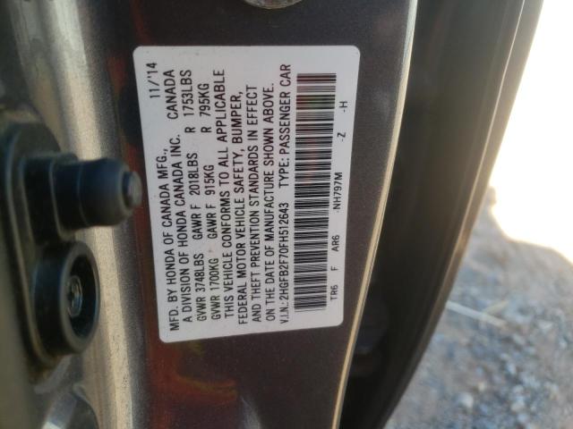 Photo 10 from auction – 2015 HONDA CIVIC SE with VIN 2HGFB2F70FH512643