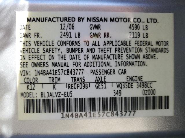 Photo 10 from auction – 2007 NISSAN MAXIMA SE with VIN 1N4BA41E57C843777