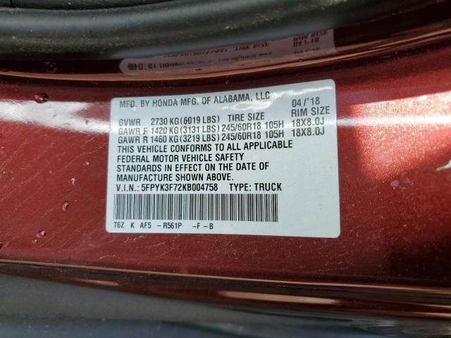 Photo 10 from auction – 2019 HONDA RIDGELINE with VIN 5FPYK3F72KB004758