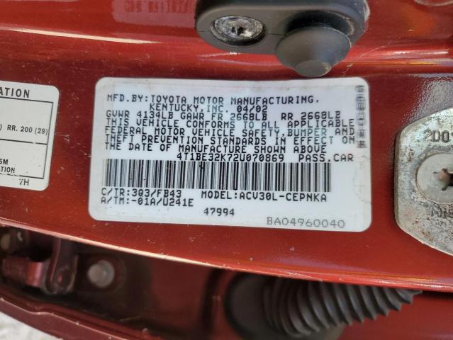 Photo 10 from auction – 2002 TOYOTA CAMRY LE with VIN 4T1BE32K72U070869