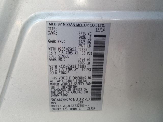 Photo 10 from auction – 2015 NISSAN PATHFINDER with VIN 5N1AR2MN0FC633273
