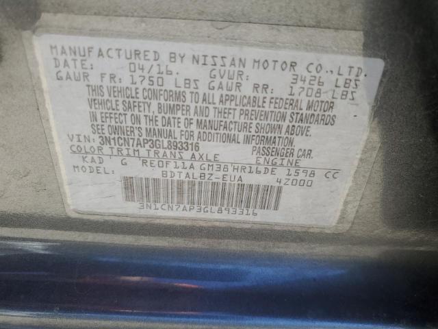 Photo 10 from auction – 2016 NISSAN VERSA S with VIN 3N1CN7AP3GL893316